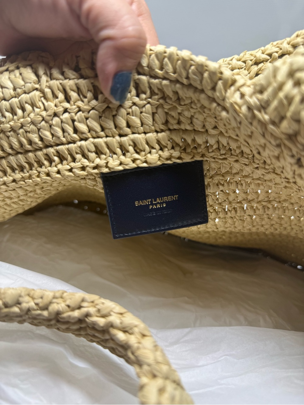 Saint Laurent Beige Crochet Rive Gauche Tote with Navy Logo - Picture 4 of 4